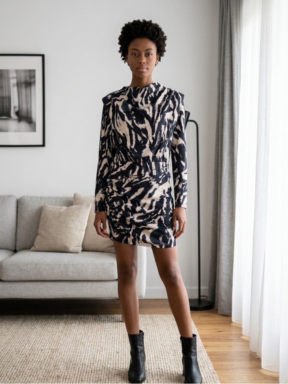 SHEIN Black and Cream Long-Sleeve Cowl Neck Dress